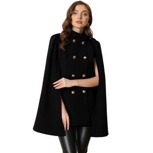 Cape Coats Winter Slit Sleeve Double Breasted Cloak Coat Black